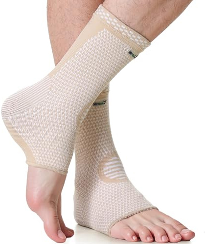 Neotech Care Ankle Support Sleeve - Bamboo Fiber Knitted Fabric - Light, Elastic & Breathable - Medium Compression - Right or Left Foot, Men, Women (Beige Colour, Size S, 1 Pair)