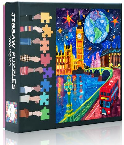 1000-Piece Jigsaw Puzzle Set Featuring London Thames River, Big Ben and a Red Double-Decker Bus for Fun and Challenging Family Activity.