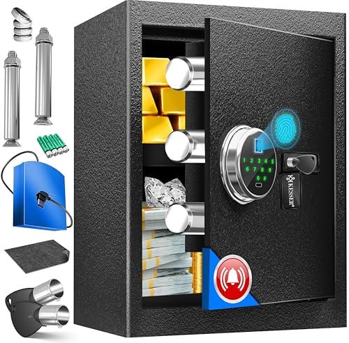 KESSER® Cassaforte elettrica con impronte digitali e chiave XL, con batteria di emergenza, cassaforte elettronica, 3 chiusure a doppio bullone, cassaforte da parete, cassaforte per mobili, serratura a