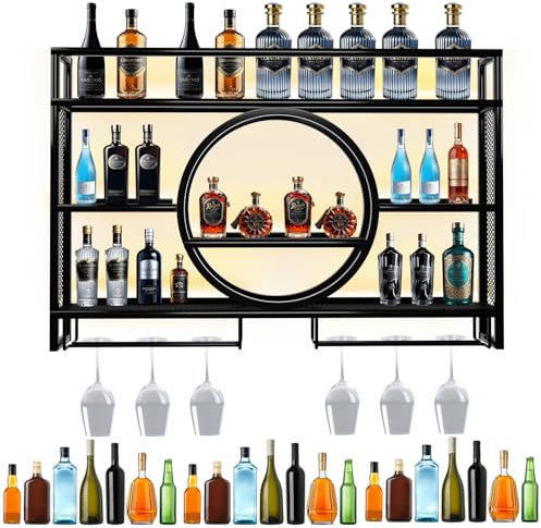 YCKJXSMA Modernes Weinregal aus Metall mit LED Licht, HäNgender Runder Weinregal Schrank Aus Metall, 3 Etagen Weinflaschenregal für Küche Esszimmer Dekor Zuhause Bars