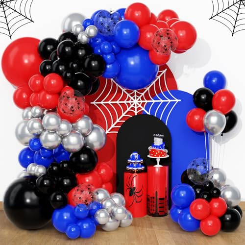 QIFU Ballonbogen Rot Blau Schwarz 108 Stück Spinne Luftballons Helium Latex Luftballons Metallic Silber Ballons Geburtstag Für Junge Superhelden Thema Geburtstagsdeko Kinder Party Deko