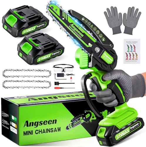 Angseen Mini Motosega a Batteria Per Potatura con 2 Batterias, 850W 6 Pollici Sega a Batteria per Potatura con 2 Chains e Blocco di Sicurezza, Motosega Elettrica Per il Taglio del Legno e Giardinaggio