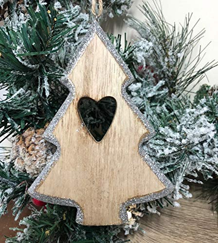 Mezzaluna Gifts Cut out Heart Wooden Christmas Tree with Silver Glitter Hanging Decoration
