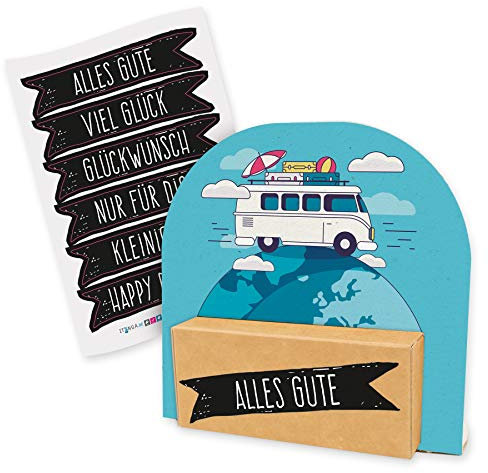 itenga Geldgeschenk oder Gutschein Verpackung Geschenkaufsteller Motiv/Anlass Reise Wohnmobil Camping mit Stickerbogen aus Karton 12x11,5cm