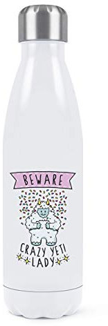 Beware Crazy Yeti Lady - Botella de agua de doble pared (acero inoxidable, 500 ml), color blanco