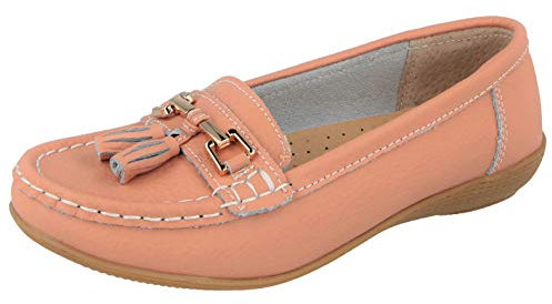 Mocassins plats pour femme en cuir véritable à pompon à enfiler - Taille 36-48 - Rose - rose poudré, 41 EU