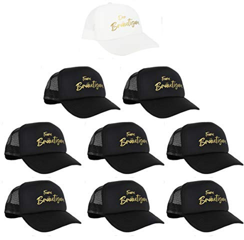 PICSonPAPER Mesh Cap Weiss mit Aufdruck Der Bräutigam und 8 Schwarze mit goldenem Aufdruck Team Bräutigam, JGA Accessoires Männer, Accessoires für Junggesellenabschied (9)
