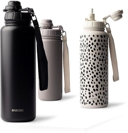 MAMEIDO Thermosflasche mit Strohhalm 1,2l, auslaufsichere Trinkflasche Edelstahl isoliert, Wasserflasche BPA-frei mit Trageschlaufe, Water Bottle Sport (Rich Black, 1200ml)