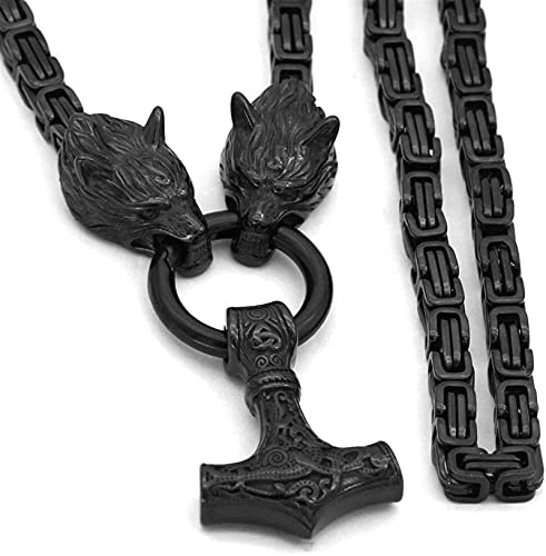 DFWY Wikinger Herren-Halskette mit Wolfskopf, Mjolnir, nordischer keltischer Thorshammer-Anhänger, Titanstahl, quadratisch, schwarz, Königskette, heidnisches Amulett, Schmuck, Geschenk