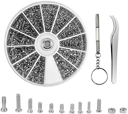 Kit Riparazione Occhiali, 1000pz Piccole Viti Dadi Assortimento in Acciaio Inox con Cacciavite e Pinzette, Occhiali Strumento di Riparazione, Viti per Occhiali Kit per Occhiali da Sole Orologi