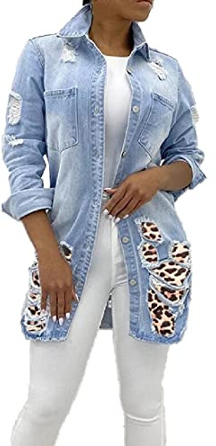 Jofemuho Womens Classic Long Jean Jacket Plus Size Loose Long Sleeve Button Down Denim Jacket Trench Coat, Leopard1, XXL