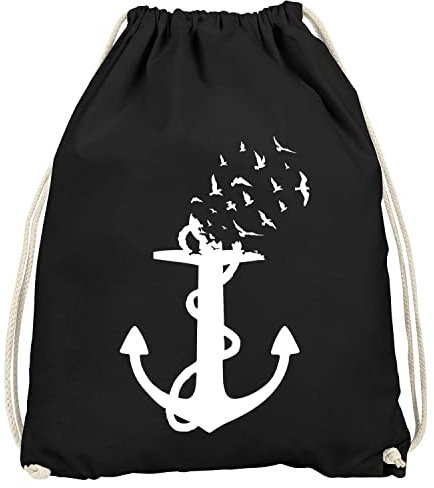 MoonWorks® Turnbeutel Anker-Motiv Vögel Print Aufdruck Maritim Nordisch Bedruckt Gymbag schwarz Unisize