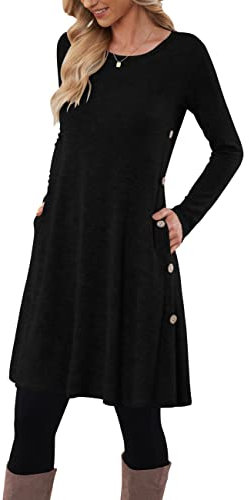 MOLERANI Jumper Dress for Women Long Sleeve Dress Ladies Button Casual Tunic Dress with Pockets Black Size 12-14 M