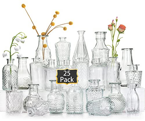 Lot de 25 petits vases transparents pour fleurs, vases vintage pour centres de table, mini vases en verre assortis pour mariages rustiques, arrangements floraux, décorations de table de la maison