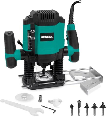 VONROC Défonceuse 1200W – 6-8mm – Vitesse variable 16 000 – 30 000 tr/min – Avec lot de 6 fraises, guide de copie, guide parallèle et aiguille de centrage