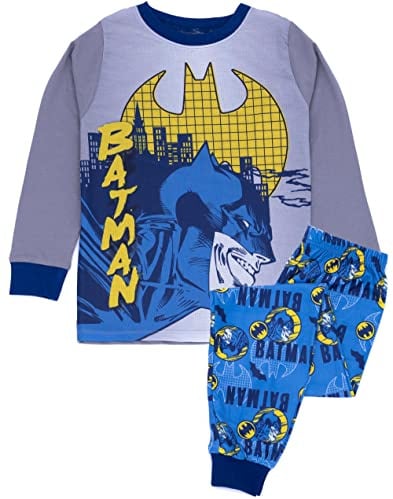 DC Comics Batman Boys Pyjama Set | Kids Blue & Grey Loungewear T-Shirt & Pants PJ Bundle | Superhero Long-Sleeve Tee Long Leg Bottoms Clothing Pajama | Cosy Nightwear Merchandise Gift for Children