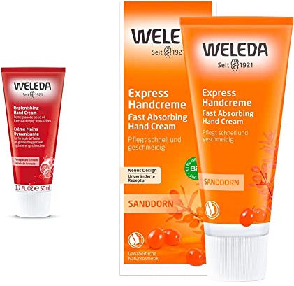 WELEDA Bio Granatapfel Intensiv Handcreme (1 x 50 ml) & Bio Sanddorn Express Handcreme, pflegende Naturkosmetik Feuchtigkeitscreme für zarte und rissige Hände(1 x 50 ml)