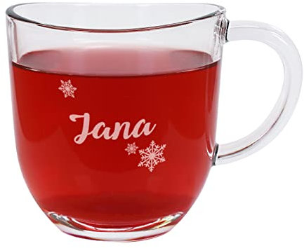 Herz & Heim® Glastasse mit Gravur des Wunschnamen für Glühwein oder Tee (Schneekristalle)