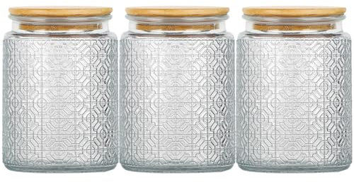 Danmu Art Tea Coffee Sugar Canisters Sets Glass Jars with Lids Set of 3 Glass Airtight Storage Jars with Bamboo Lids (Pattern B, 700ml)
