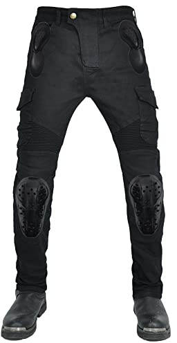 QIYUANT Pantalon de Moto en Jean Homme Femme Stretch Résistant à l'eau Anti-déchirure Vintage Pantalon de Protection avec Amovible Améliorée Protéger Pads pour Racing Vélo (Noir, L)
