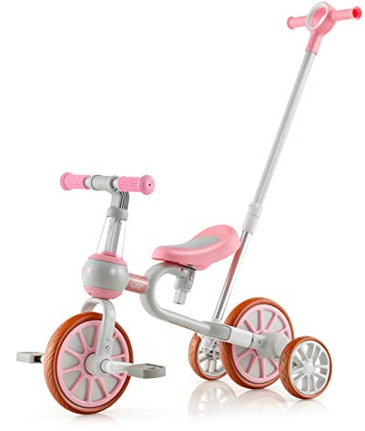 GOPLUS 4 en 1 Tricycle Bébé Évolutif à 4 Roues, Vélo d'Équilibre avec Pédales Amovibles, Canne Parentale, Siège Réglable à 2 Niveaux, Guidon Réversible, pour Garçons & Filles 2 à 4 Ans (Rose)