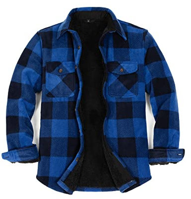 Mens Plaid Jacket Shacket Fleece gefüttert Flanellhemd für Männer Sherpa gefüttert Flanelljacken Mantel Outdoor Arbeit Blau Schwarz S