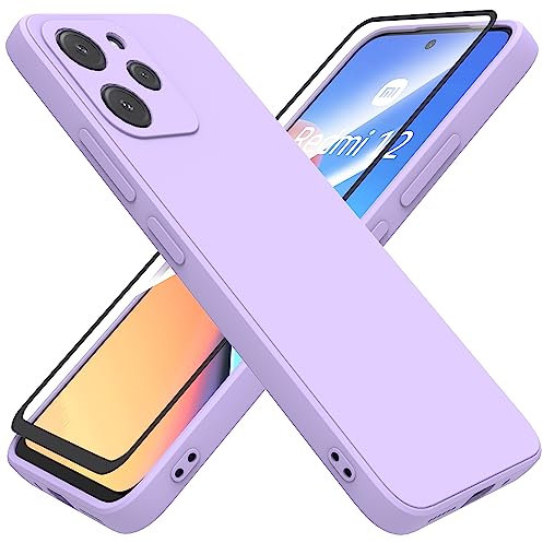 HHUIWIND Funda Silicone Case para Xiaomi Redmi 12 4G / 5G (6.79) + Cristal Templado Protector,Carcasa Protectora Movil Silicona Ultra-Fina Gel Estuche - Viola