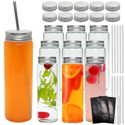 400 ml Glasflaschen mit luftdichten Deckeln, wiederverwendbare Trinkgläser mit Strohhalm und Deckel mit Loch, Glas-Wasserflaschen für Saft, Getränke, Smoothie, Tee, Kombucha, hausgemachte Getränke (10