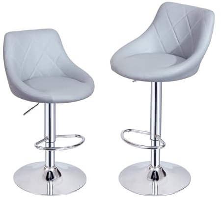 Lot de 2 Tabourets de Bar, Chaises Haut, Hauteur Réglable, Revêtement en PU, Rotatif sur 360°, avec Dossier et Repose-Pieds, Pied Chromé, 39 cm (L) x 38 cm (l) x 89-109 cm (H) (Gris)
