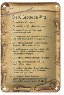 Ontrada Blechschild 12x18cm gewölbt die 10 Gebote des Wirtes Schild