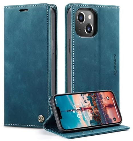 GoodcAcy Real Leather Case For iPhone 14 Premium Wallet Case with [Kickstand] [Card Slots] [Magnetic Closure] Flip Notebook Cover Case for (iPhone 14 Blue)