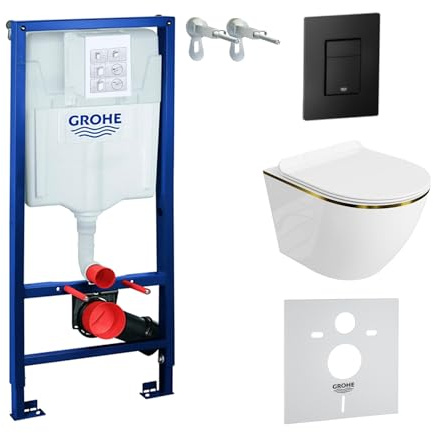 Lavita Vorwandelement Solido + Wand Hänge WC Sofi Slim Gold Line Spülrandlos + WC Sitz mit Absenkautomatik Schwarzer Knopf Komplettset Unterputz Spülkasten Toilette Komplett Sett WC