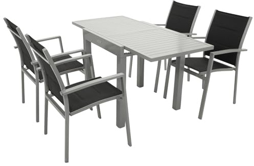 DEGAMO Gartengarnitur Tirana 5-teilig, 4X Stapelsessel aus Aluminium Silbergrau und gepolstertem Textilgewebe in schwarz + 1x Ausziehtisch Aluminium 70/140x70cm, Silbergrau
