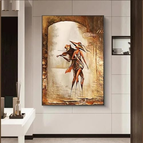 KDXAOBEI Liebespaar, romantisches Leinwandgemälde, goldene abstrakte Figur, Walk Street, Poster und Drucke, Wandkunst für Wohnzimmerdekoration, 80 x 110 cm (31 x 43 Zoll) mit schwarzem Rahmen