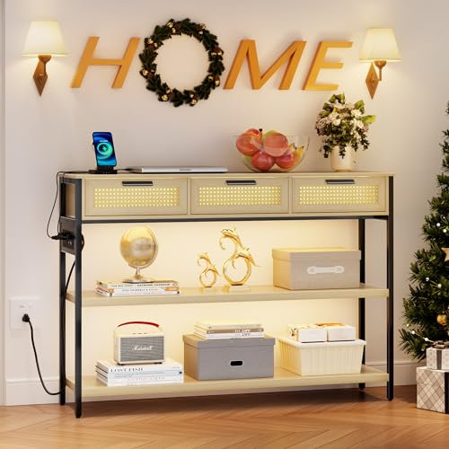 Lvifur Konsolentisch mit LED Leuchte & verstellbare Füße,Sofatisch mit 3 Schubladen & Steckdosen,Beistelltisch mit Smart Ladestation für Wohnzimmer,Eingangsbereich