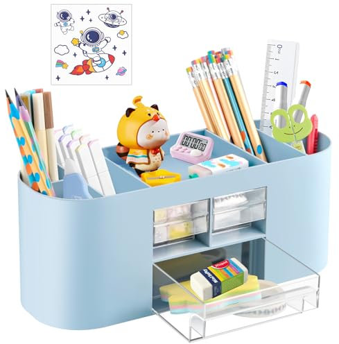WuGU Stiftehalter Schreibtisch, Multifunktionaler Organizer Mit 10 Fächern und Schublade, Büro Tisch Organizer für Zuhause Schule - Blau
