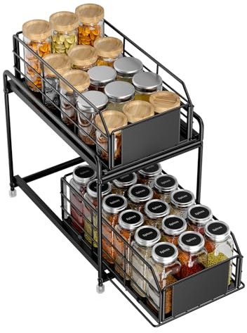 Averrex Pull out Cabinet Organiser, 2-Tier Spice Rack, Cupboard Shelf Rack, Metal Kitchen Cupboard Organiser for Kitchen, Bathroom Storage