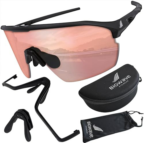 BIGWAVE 906 Sportbrille Schnelle Brille Fahrradbrille Sonnenbrille für Damen und Herren UV400 mit orangenen Gläsern im Shield-Design. Anti-Beschlags-Beschichtung (orange verspiegelt)