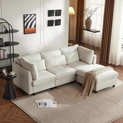 YESGIGA Canapé d'angle 3 places, canapé d'angle avec repose-pieds, canapé d'angle en forme de L, beige