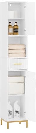 SoBuy Badezimmerschrank Hochschrank Schmal Badschrank Hochschrank Badezimmer mit Schublade und Metallgriffen Schmaler Schrank für Kleine Bäder Weiß 30x170x30cm BZR181-W