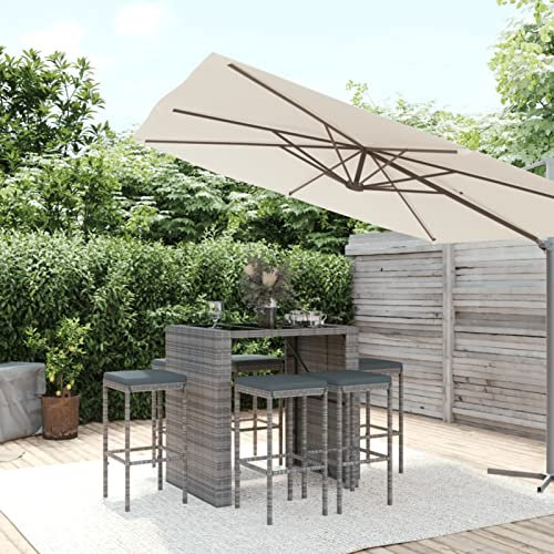 HEYBB 7-TLG. Gartenbar-Set mit Kissen Bartisch Mit Barhocker Set Outdoor Stehtisch Garten Bartisch FüR Zu Hause Grau Poly Rattan