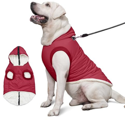 Vecomfy Hunde-Kapuzenpullover mit integriertem Geschirr, extra warm, für große Hunde im Winter, Hundemantel mit Kapuze, Rot, Größe XXXL