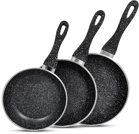 AKH HOUSEWARE Frying Pan | Non Stick Frying Pan with Soft Touch Handle | Heavy Duty Aluminum Induction Pan, Granite, Gas and All Hobs Compatible - Black (Set of 3 (20cm+24cm+28cm))