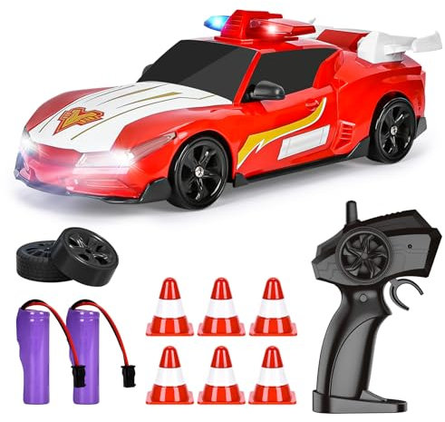 BuzzoXerex Coche Teledirigido Drift, 1:24 Drift RC Car, 18km/h 4WD Mini Coche Policia Teledirigido con Kit Barricada, Luces LED, Radiocontrol Coche de Juguete para Niños Mayores de 6 Años (Rojo)