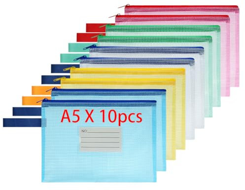 OFFCUP Dokumententasche mit Reißverschluss A5, 10 Stücke Reißverschlusstaschen mit Etikett, Wasserdichte Datei Zipper Tasche, Kunststoff Datei Taschen für Dokument, Papier, Kosmetik