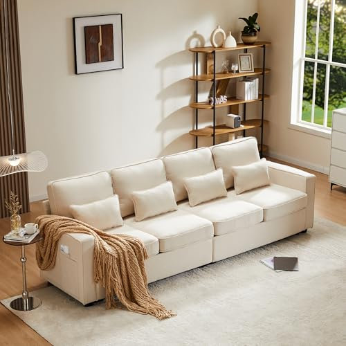 SOFTWEARY Big-Sofa mit losen Zier- und Rückenkissen, 4-Sitzer, Leinen Bezug, Wohnzimmersofa, Loungesofa (beige)