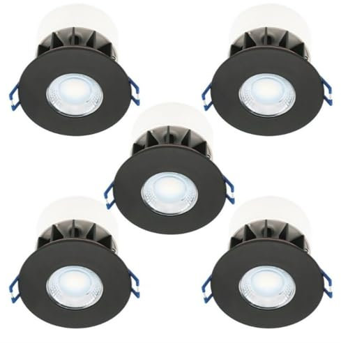 firstchoicelighting Set of 5 Matt Black 8W LED Fire Rated Recessed Downlights, IP65 Bathroom Kitchen Ceiling Spots, Dimmable 4000k Integrated LED