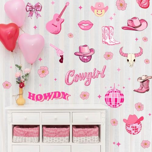 SUPERDANT Stickers Muraux Roses Cowgirl Howdy Bottes et Chapeau Sticker Mural Preppy Western Girls Décoration Murale pour Chambre D'Adolescent Autocollants Décoratifs