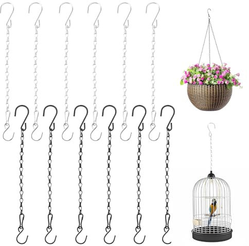 12 Stück Blumenampel-Ketten, 6 silberne und 6 schwarze, Stahlkette mit Zwei S-Haken, Metallkette 29 cm, Kette Zum Aufhängen Für Blumenampeln, Hängekörbe, Laternen, Vogelhäusern, Schildern Und Mehr