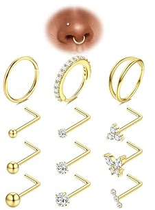 Adramata 12 Stück 20G Nasenpiercing Stecker Chirurgenstahl Piercing Nase | Hypoallergene Nasenring, L-förmiger Nasenstecker, Wasserfest, Nostril Piercing für Damen Herren, Gold/Silber